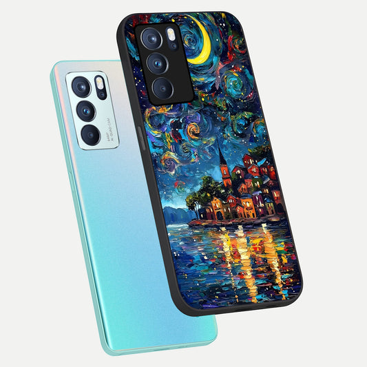  Moonlight Harbor Glow phone case For Oppo Reno 6 Pro showing premium glass back cover with detailed artwork