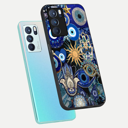  Mystic Blue Evil Eye phone case For Oppo Reno 6 Pro showing premium glass back cover with detailed artwork