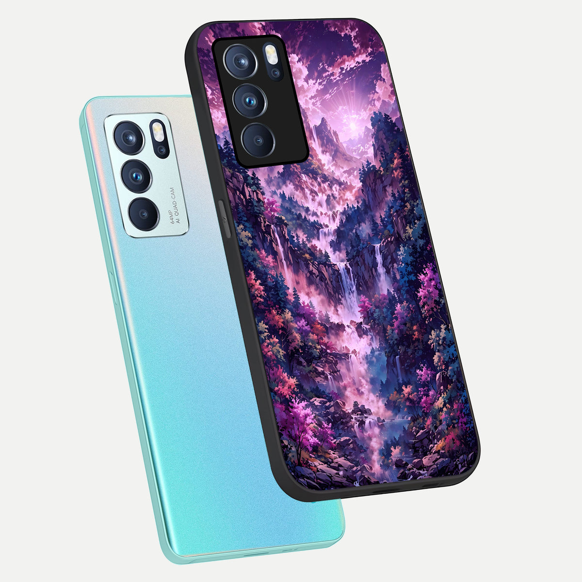  Mystic Cascade Peaks phone case For Oppo Reno 6 Pro showing premium glass back cover with detailed artwork