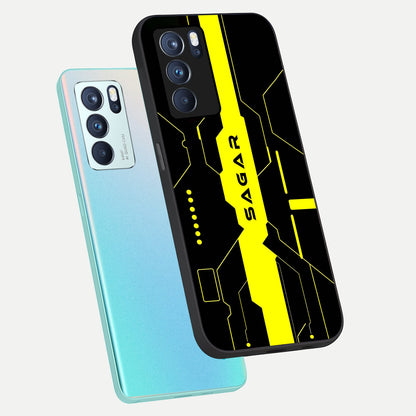  Neon CYBERPUNK Custom Name phone case For Oppo Reno 6 Pro showing premium glass back cover with detailed artwork