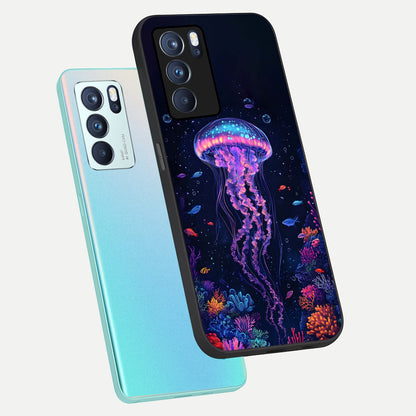  Neon Jellyfish phone case For Oppo Reno 6 Pro showing premium glass back cover with detailed artwork