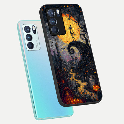  Pumpkin Moon Night phone case For Oppo Reno 6 Pro showing premium glass back cover with detailed artwork