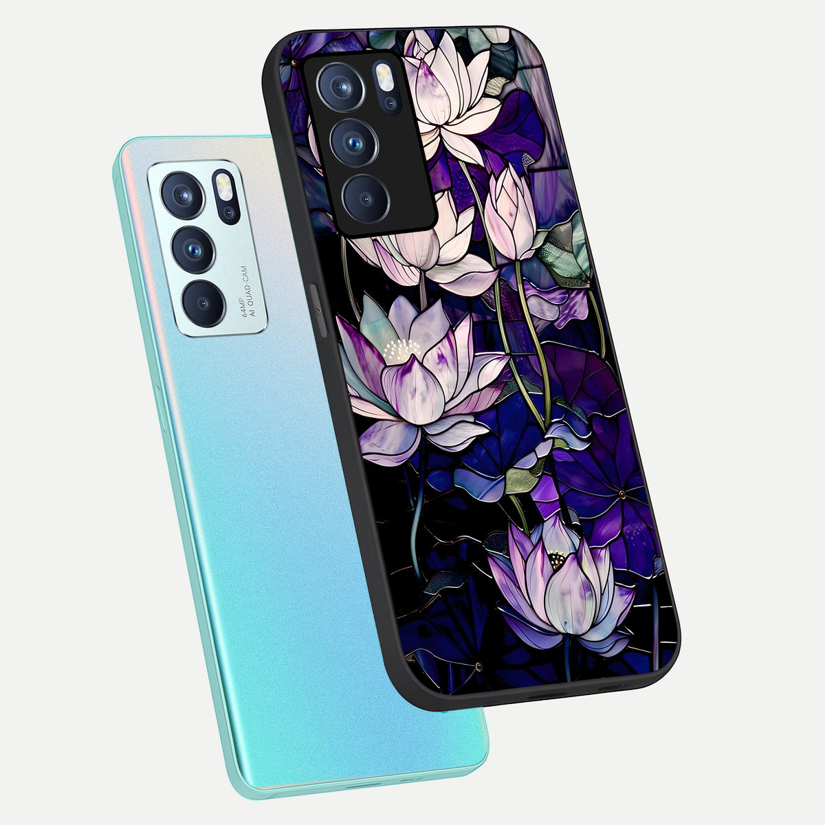  Purple Lotus Pattern phone case For Oppo Reno 6 Pro showing premium glass back cover with detailed artwork