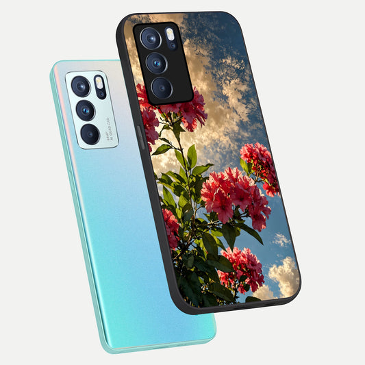  Red Bloom Skies phone case For Oppo Reno 6 Pro showing premium glass back cover with detailed artwork
