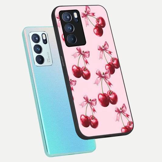  Red Cherries Pattern phone case For Oppo Reno 6 Pro showing premium glass back cover with detailed artwork