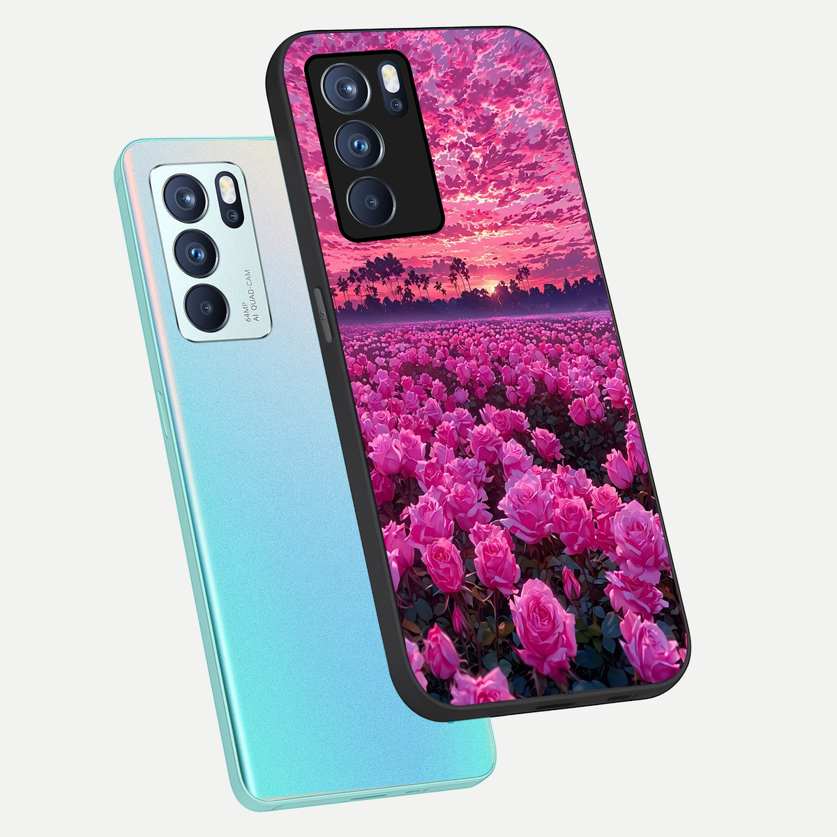  Rose Sunset Valley phone case For Oppo Reno 6 Pro showing premium glass back cover with detailed artwork