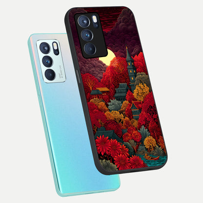  Scarlet Autumn Temple phone case For Oppo Reno 6 Pro showing premium glass back cover with detailed artwork