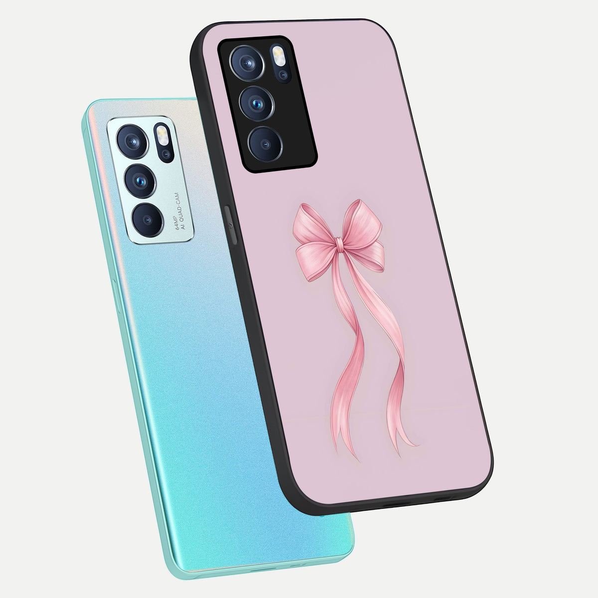  Soft Blush Bow phone case For Oppo Reno 6 Pro showing premium glass back cover with detailed artwork