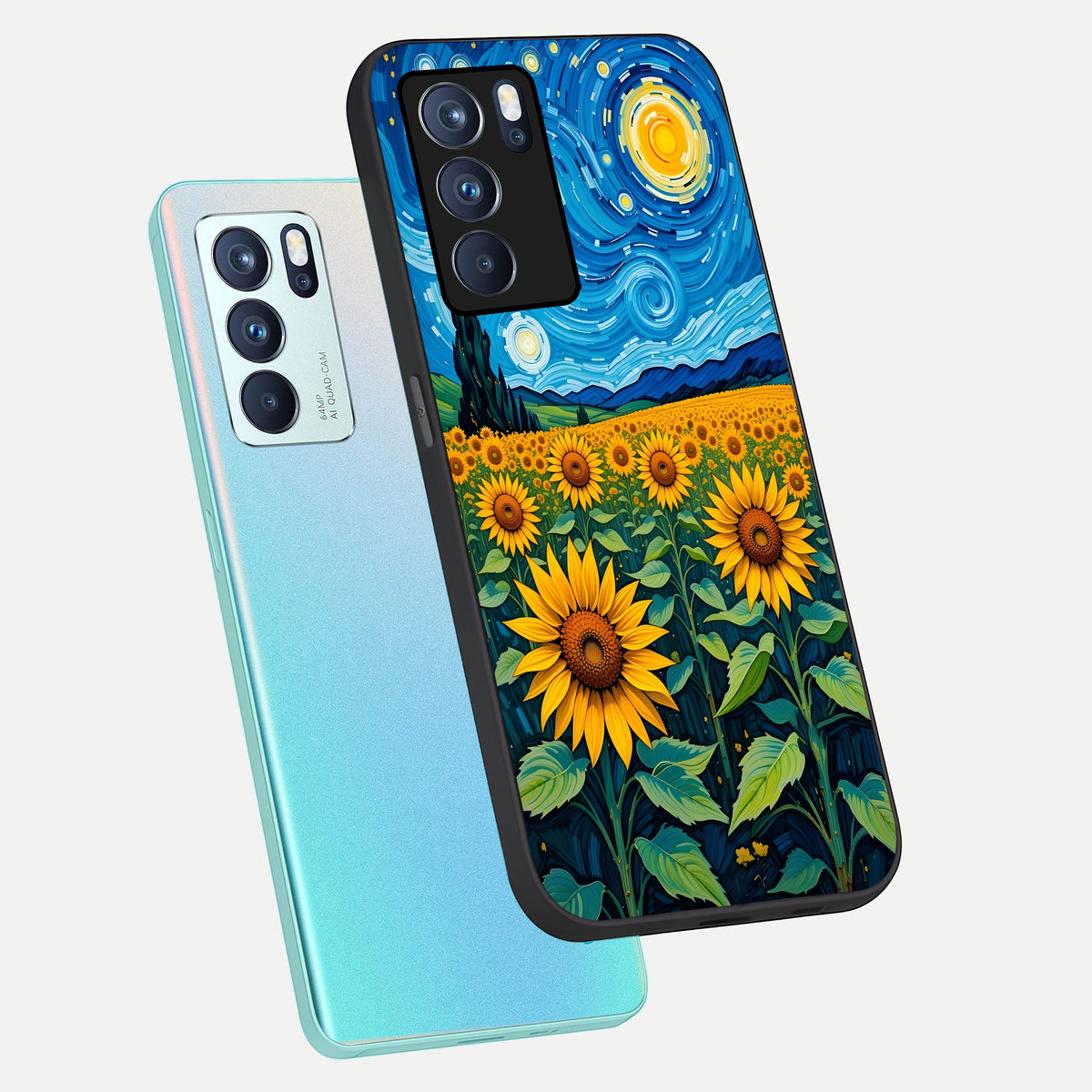  Starry Sunflower Dreams phone case For Oppo Reno 6 Pro showing premium glass back cover with detailed artwork