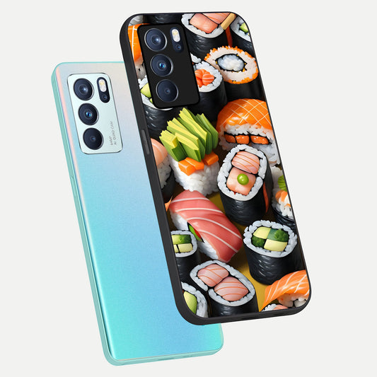  Sushi Food Pattern phone case For Oppo Reno 6 Pro showing premium glass back cover with detailed artwork