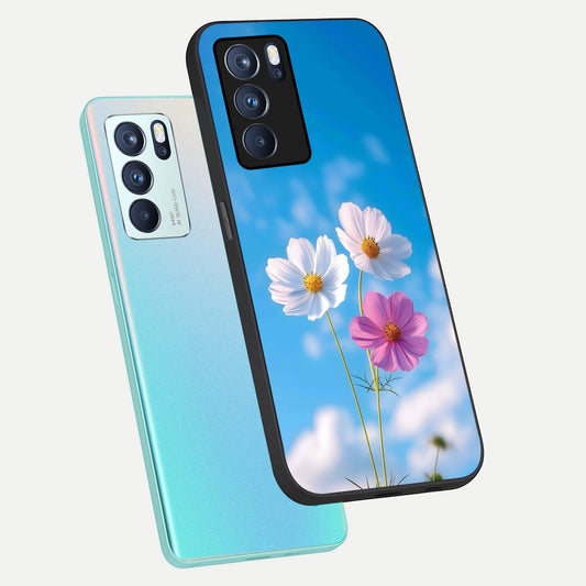  Tripple Flowers With Sky phone case For Oppo Reno 6 Pro showing premium glass back cover with detailed artwork