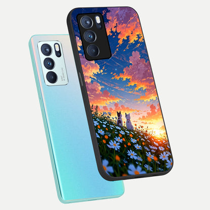  Two Cats Friends phone case For Oppo Reno 6 Pro showing premium glass back cover with detailed artwork