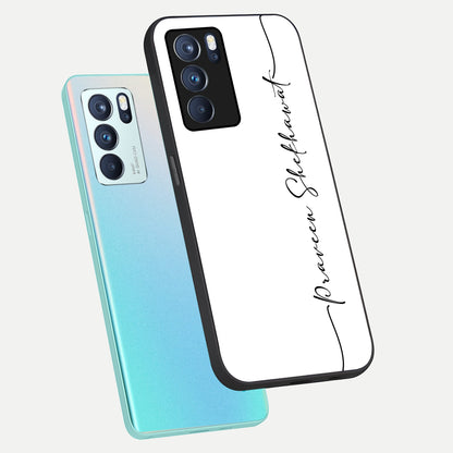  White Tune Custom Name phone case For Oppo Reno 6 Pro showing premium custom name glass back cover