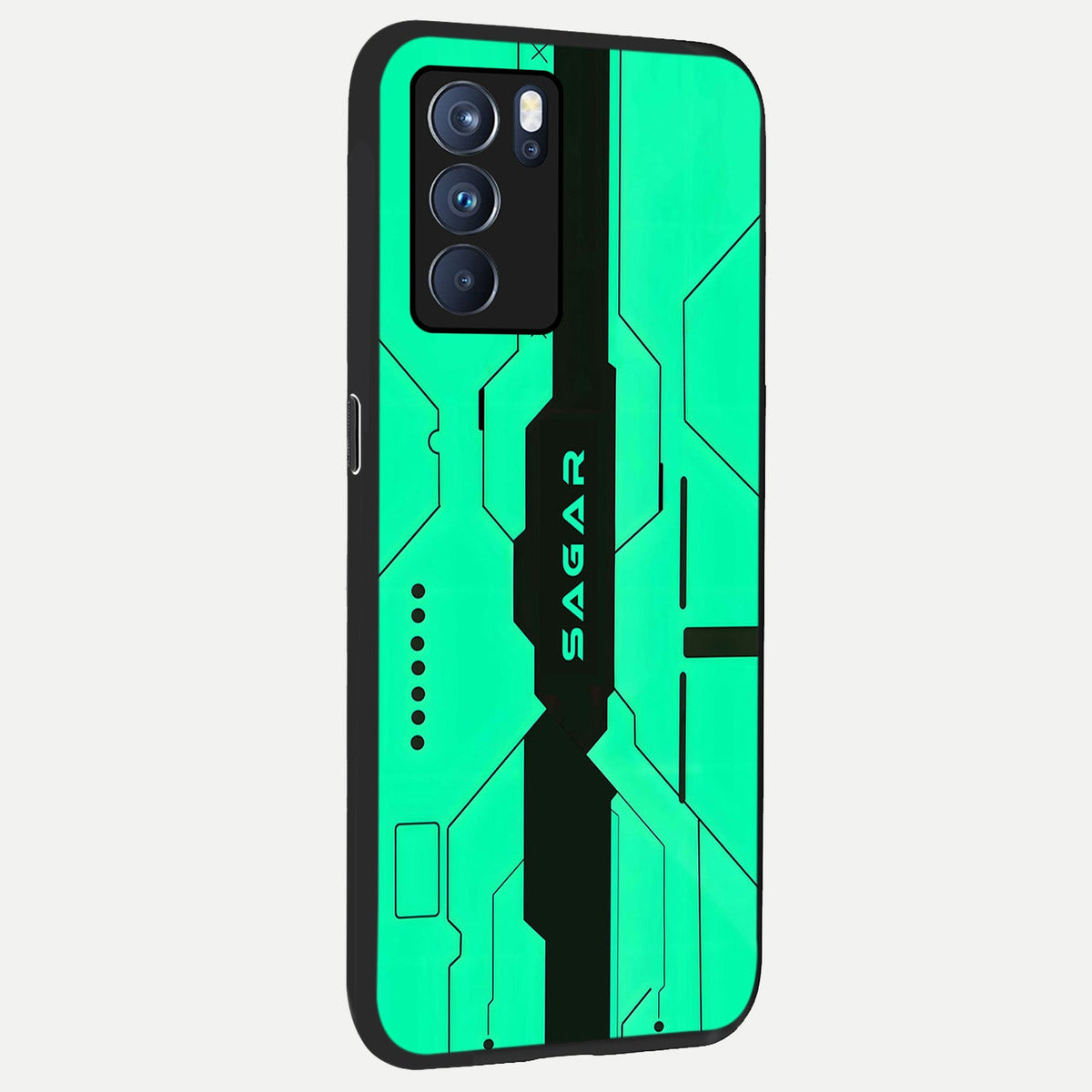  Aqua Tech CYBERPUNK Custom Name back cover For Oppo Reno 6 Pro slim fit glass case with vibrant aesthetic design