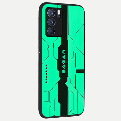  Aqua Tech CYBERPUNK Custom Name back cover For Oppo Reno 6 Pro slim fit glass case with vibrant aesthetic design