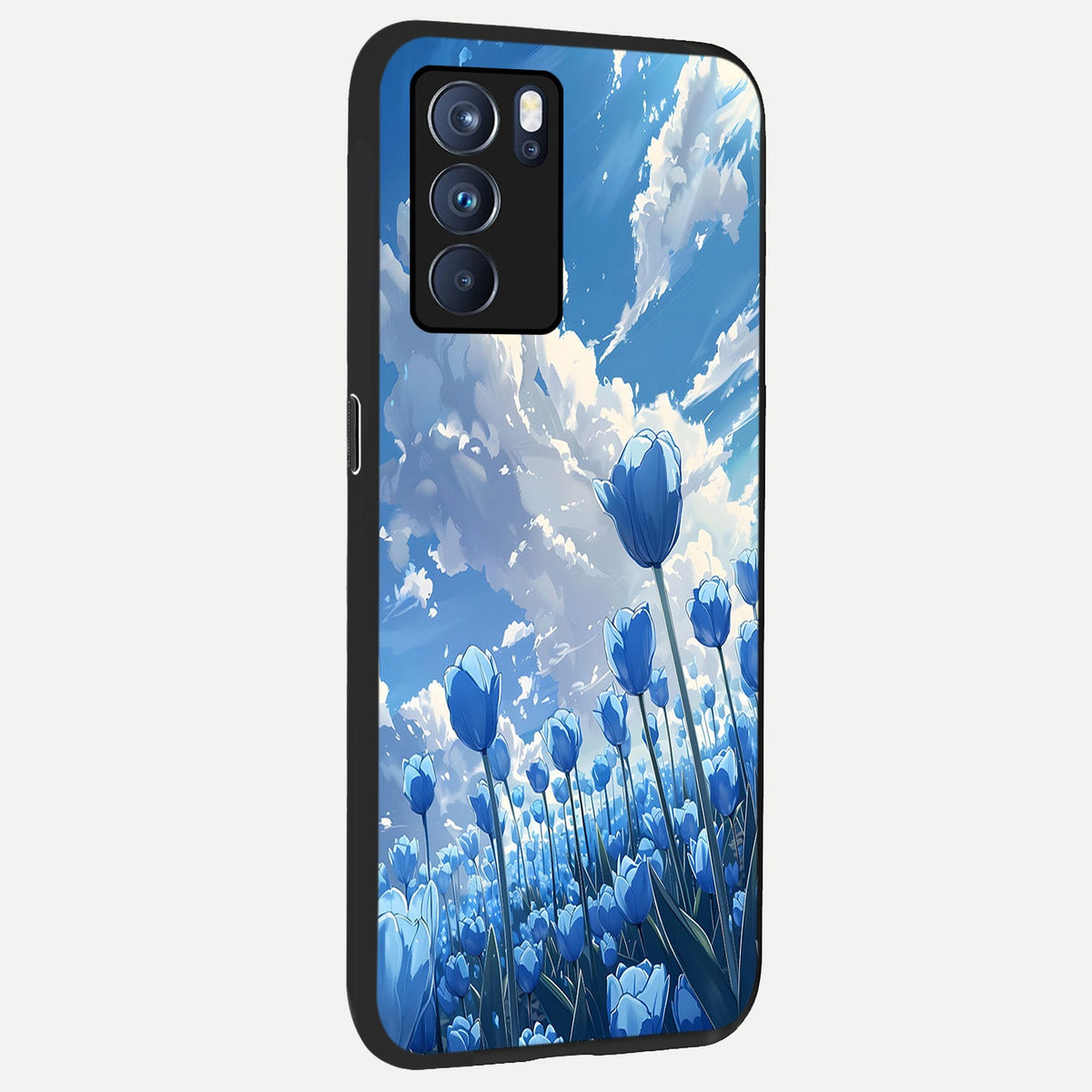  Blue Tulip Clouds back cover For Oppo Reno 6 Pro slim fit glass case with vibrant aesthetic design