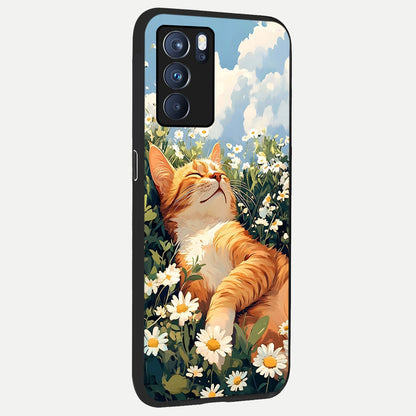  Cat And Flowers View back cover For Oppo Reno 6 Pro slim fit glass case with vibrant aesthetic design