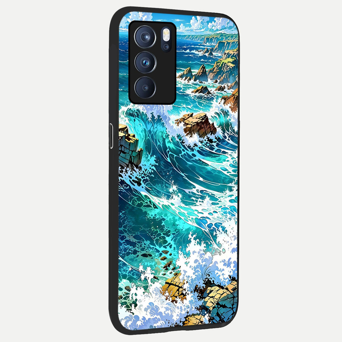  Coastal Blue Waves back cover For Oppo Reno 6 Pro slim fit glass case with vibrant aesthetic design