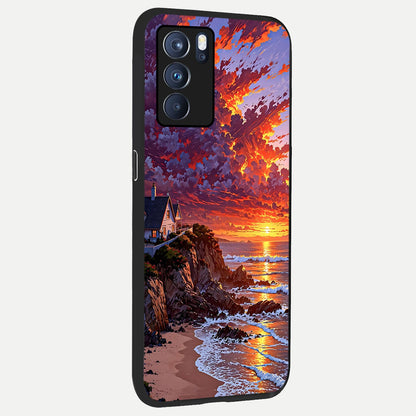  Sunset House By Sea back cover For Oppo Reno 6 Pro slim fit glass case with vibrant aesthetic design