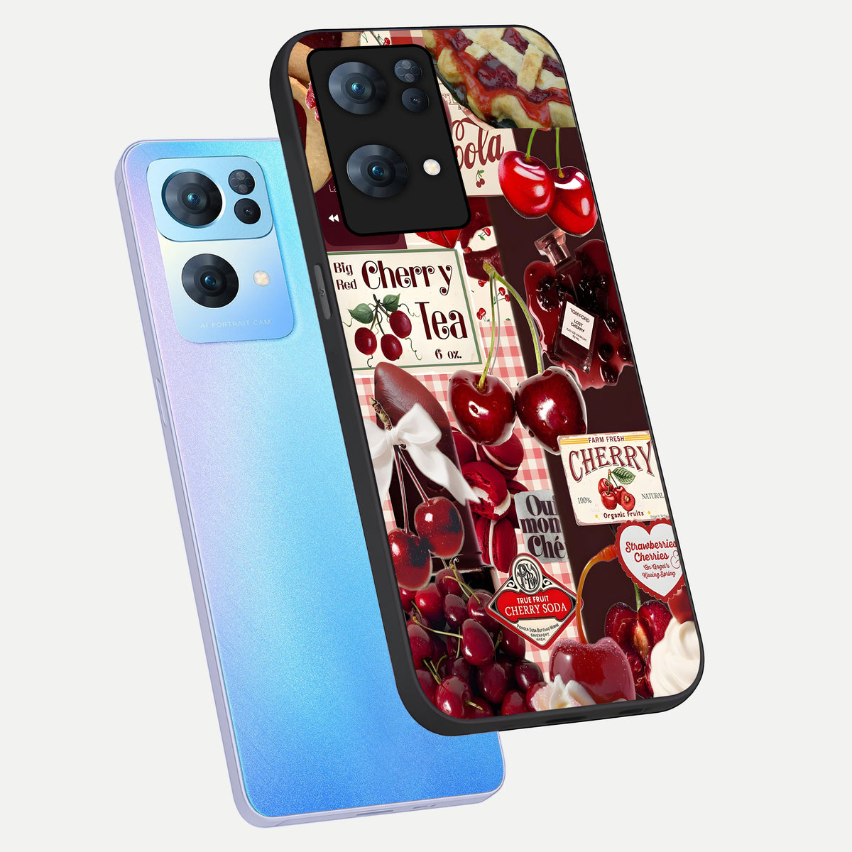  Aesthetic Cherry Tea phone case For  Oppo-Reno-7-Pro-5G showing premium glass back cover with detailed artwork