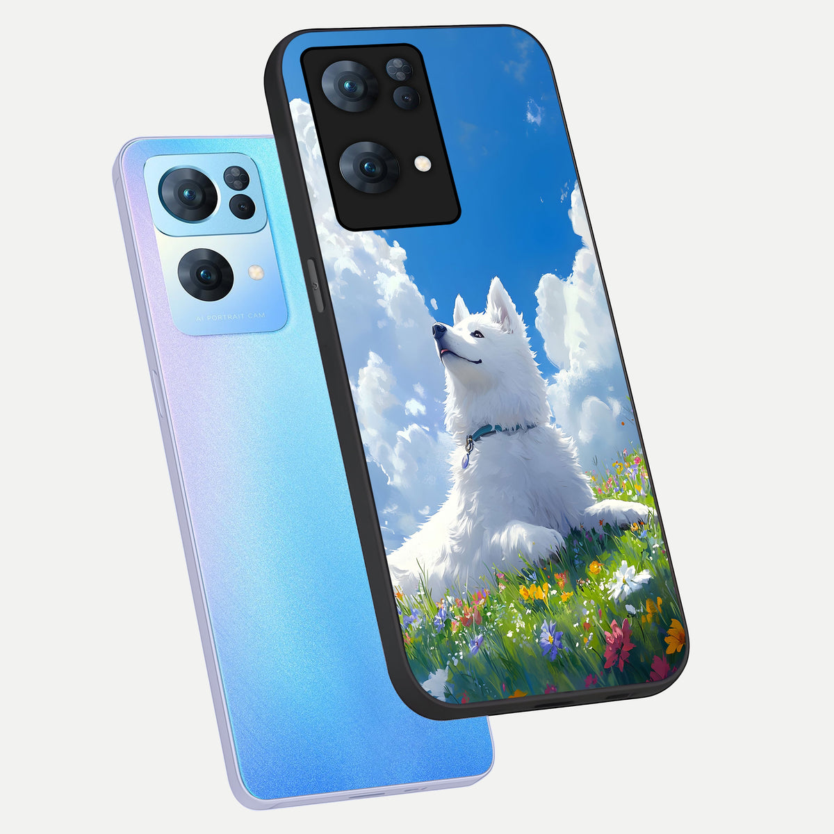  Blissful Cloud Pup phone case For  Oppo-Reno-7-Pro-5G showing premium glass back cover with detailed artwork