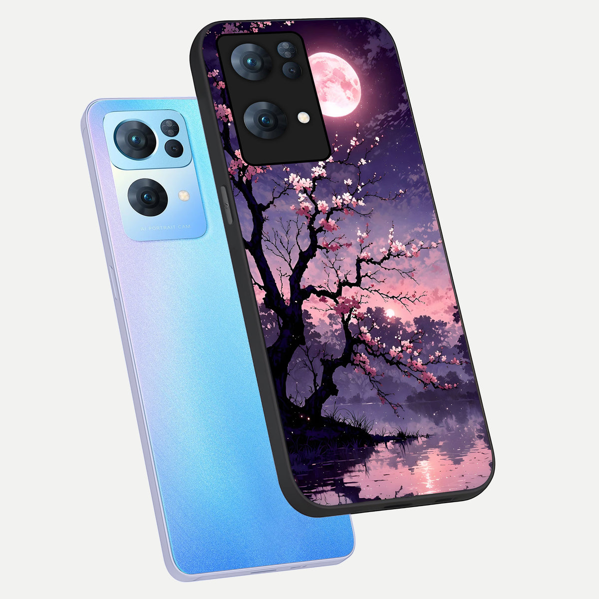  Blossom Pink Moon phone case For  Oppo-Reno-7-Pro-5G showing premium glass back cover with detailed artwork