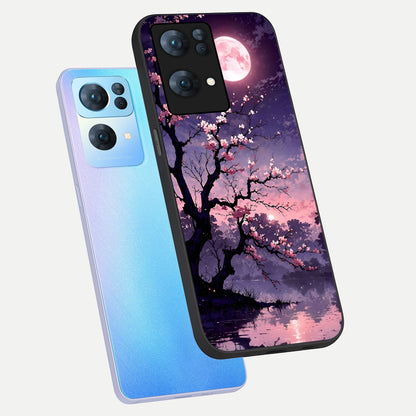  Blossom Pink Moon phone case For  Oppo-Reno-7-Pro-5G showing premium glass back cover with detailed artwork