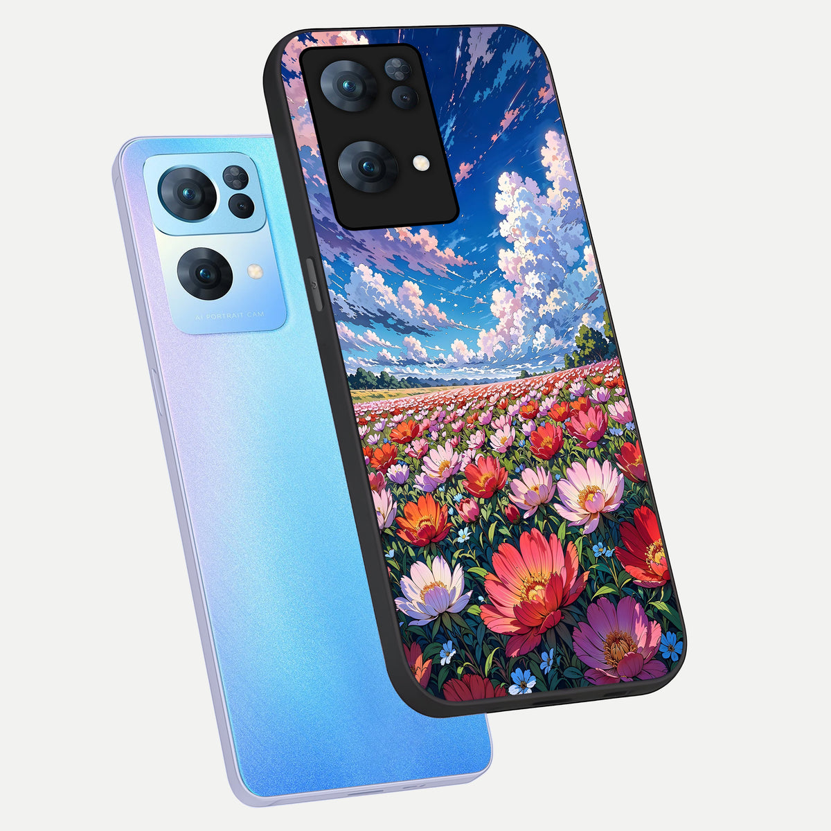  Blossom Sky Field phone case For  Oppo-Reno-7-Pro-5G showing premium glass back cover with detailed artwork
