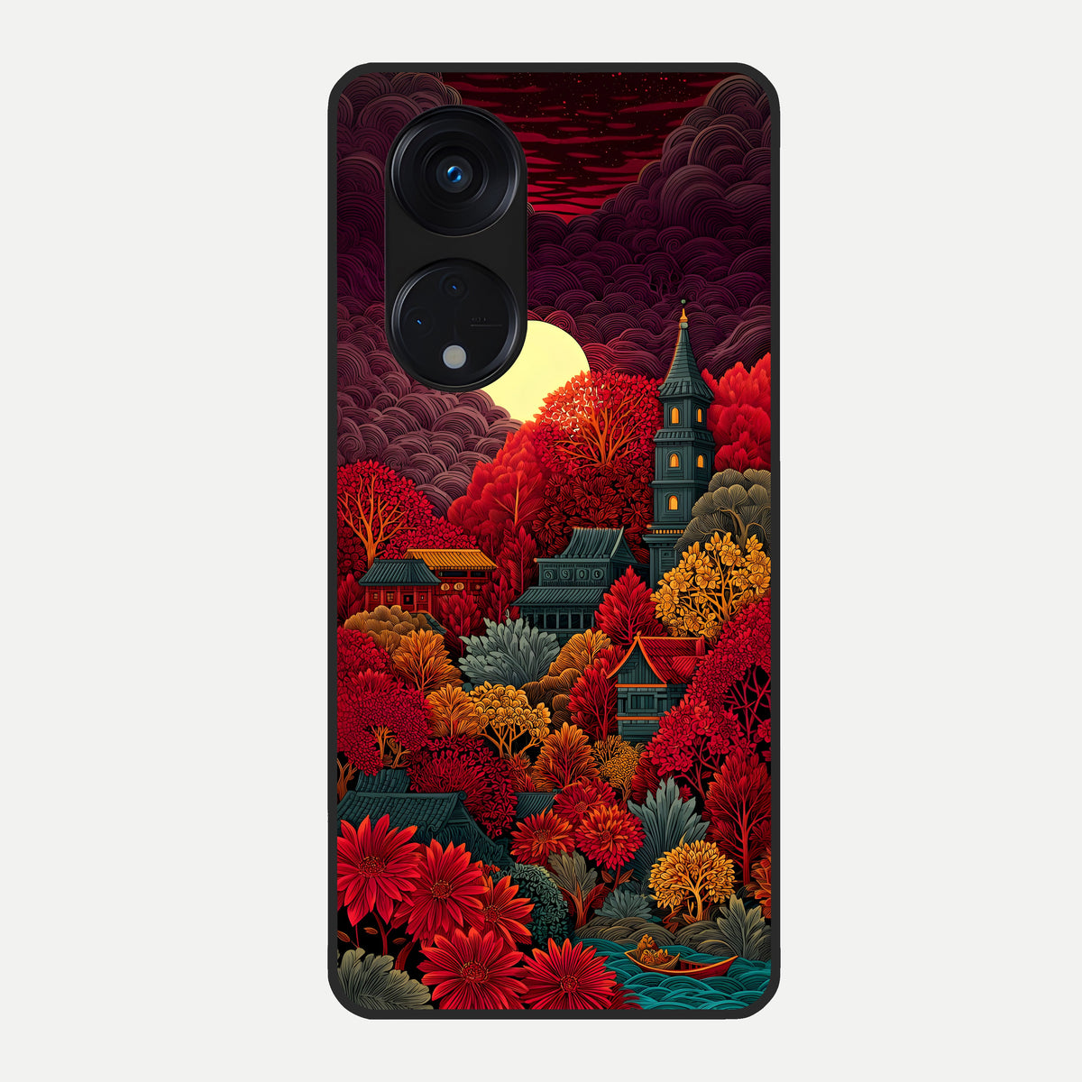  Scarlet Autumn Temple Glass Case For Oppo Reno 8T 5G back cover – full design glossy printed glass finish