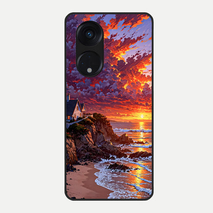  Sunset House By Sea Glass Case For Oppo Reno 8T 5G back cover – full design glossy printed glass finish