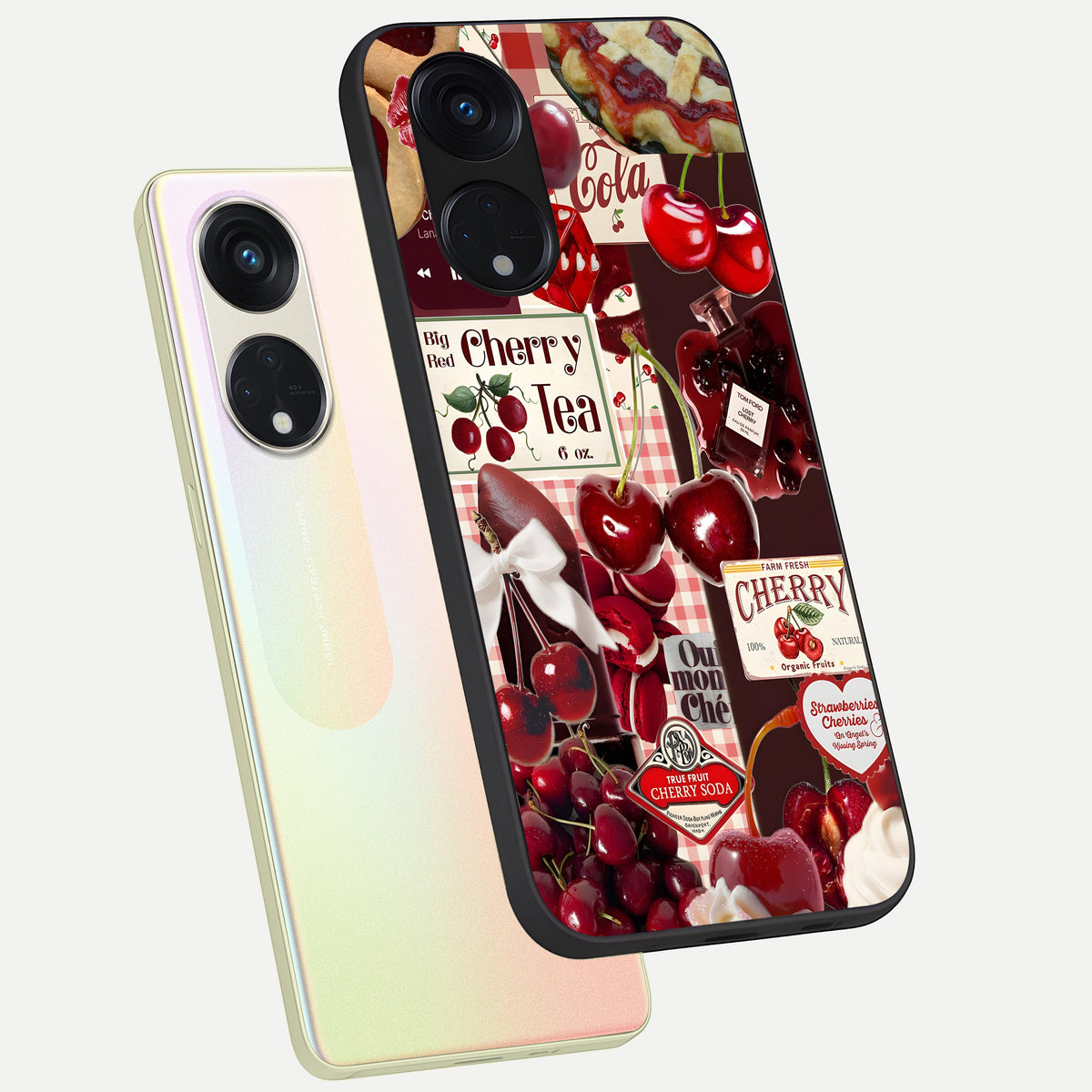  Aesthetic Cherry Tea phone case For Oppo Reno 8T 5G showing premium glass back cover with detailed artwork