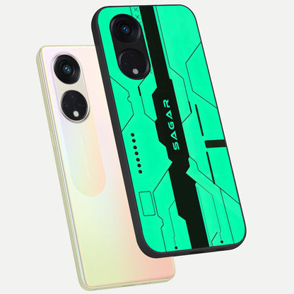  Aqua Tech CYBERPUNK Custom Name phone case For Oppo Reno 8T 5G showing premium glass back cover with detailed artwork