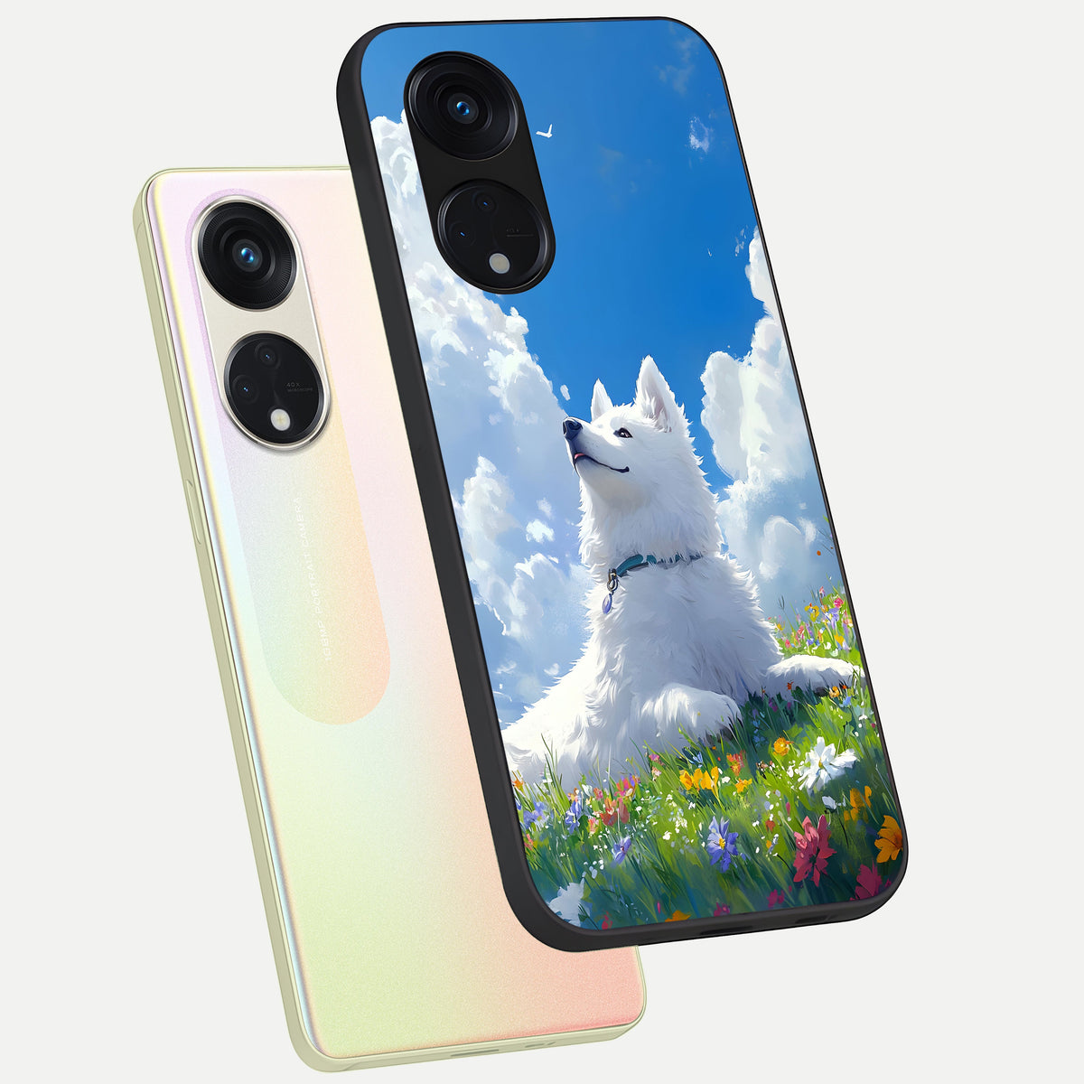  Blissful Cloud Pup phone case For Oppo Reno 8T 5G showing premium glass back cover with detailed artwork