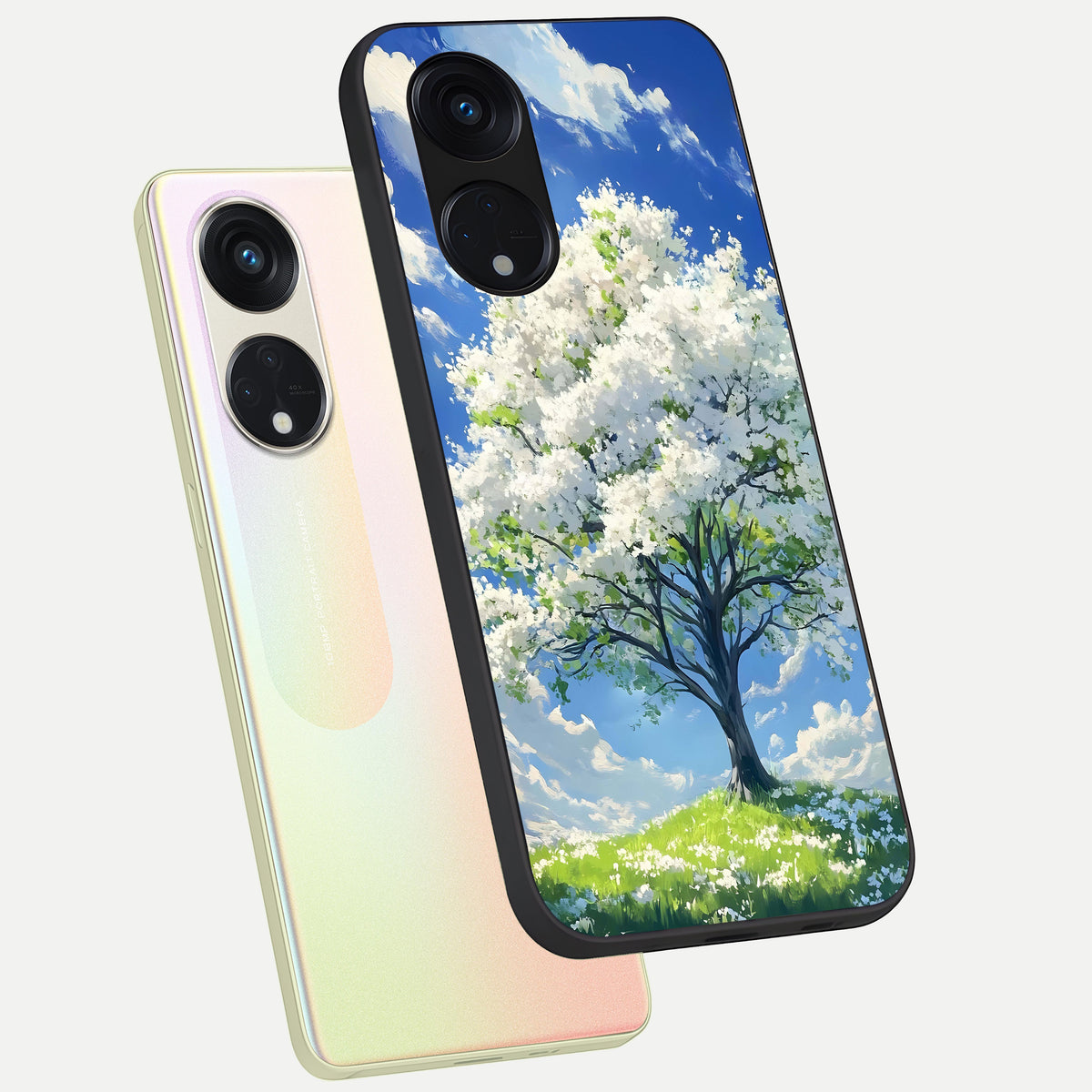  Blossom Sky Serenity phone case For Oppo Reno 8T 5G showing premium glass back cover with detailed artwork