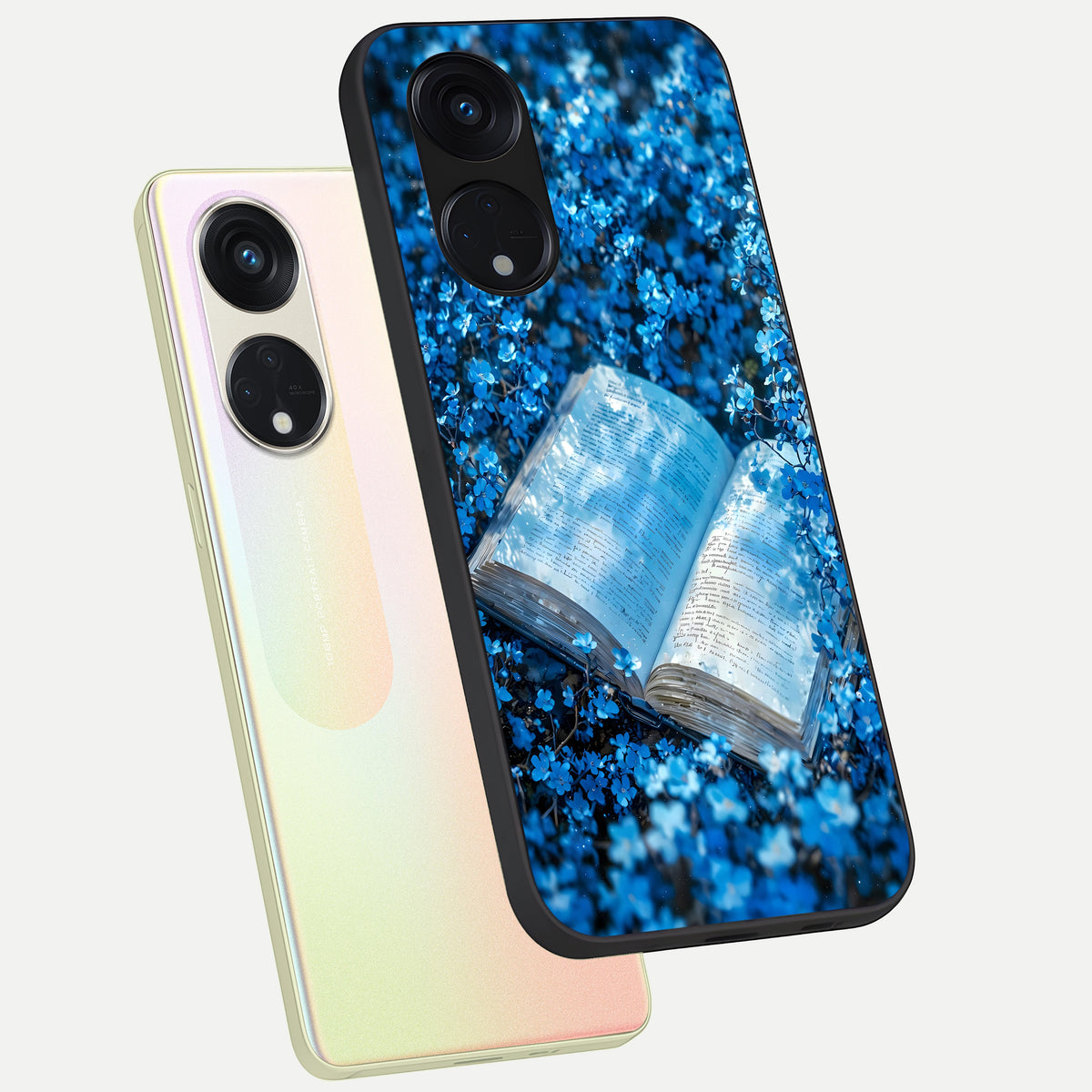  Blue Bloom Tales phone case For Oppo Reno 8T 5G showing premium glass back cover with detailed artwork
