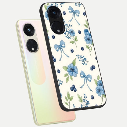  Blue Flower And Bow phone case For Oppo Reno 8T 5G showing premium glass back cover with detailed artwork