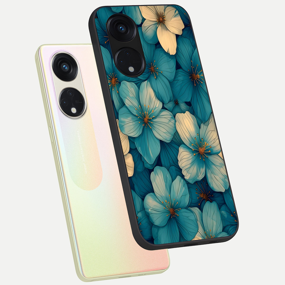  Blue Shade Floral phone case For Oppo Reno 8T 5G showing premium glass back cover with detailed artwork