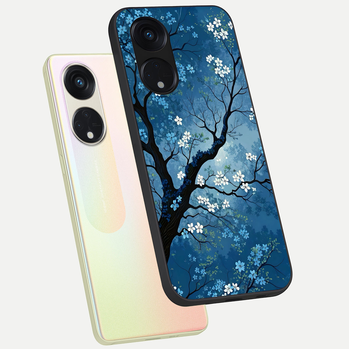  Blue Tree Serenity phone case For Oppo Reno 8T 5G showing premium glass back cover with detailed artwork