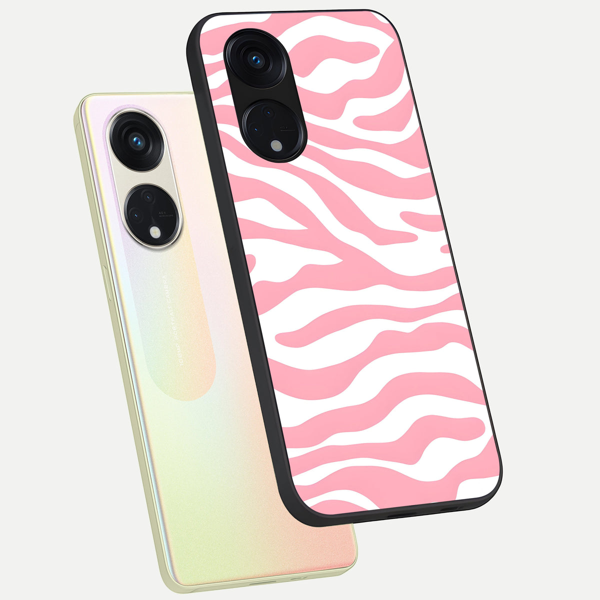  Blush Zebra Flow phone case For Oppo Reno 8T 5G showing premium glass back cover with detailed artwork