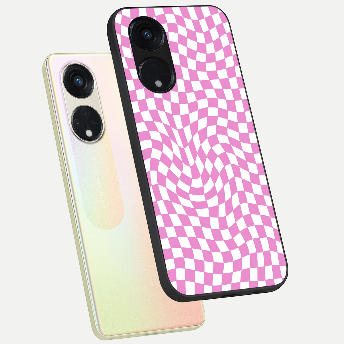  Bubblegum Check Wave phone case For Oppo Reno 8T 5G showing premium glass back cover with detailed artwork