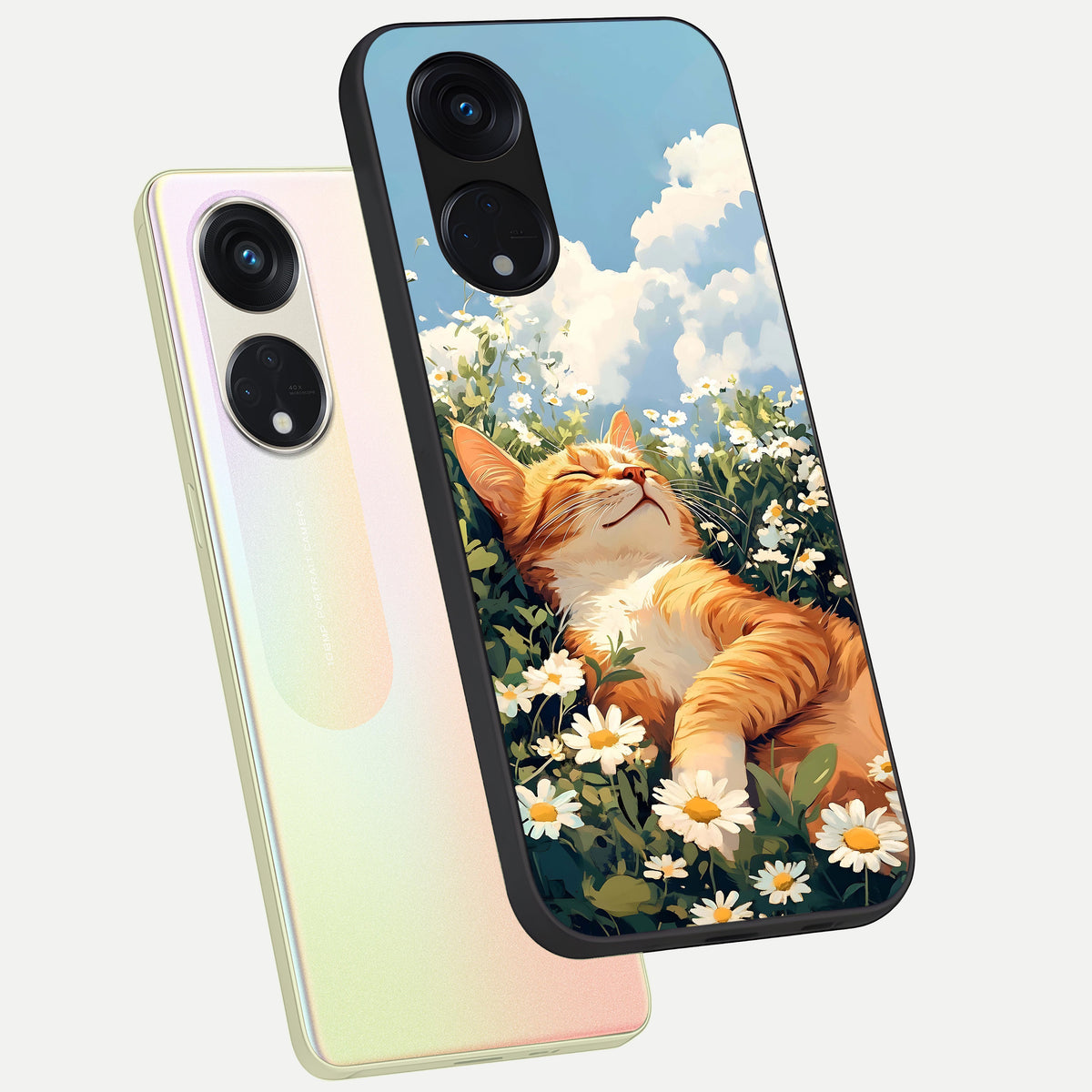  Cat And Flowers View phone case For Oppo Reno 8T 5G showing premium glass back cover with detailed artwork