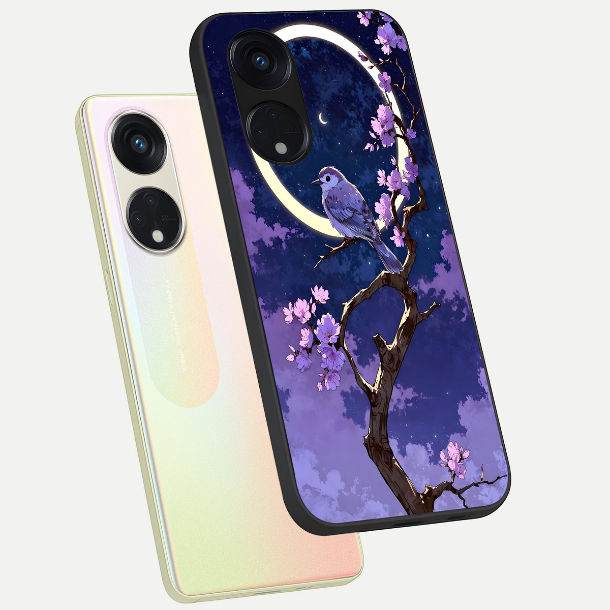  Celestial Bird Blossom phone case For Oppo Reno 8T 5G showing premium glass back cover with detailed artwork