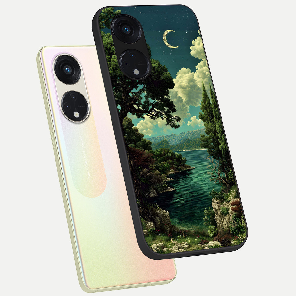  Celestial Lake Peace phone case For Oppo Reno 8T 5G showing premium glass back cover with detailed artwork