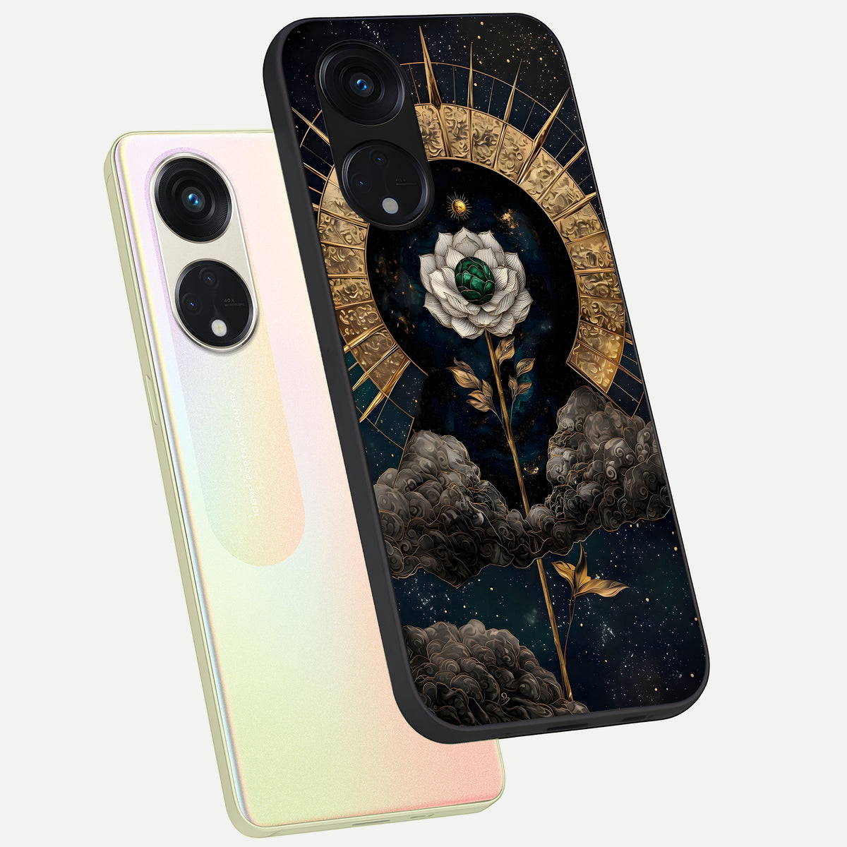 Celestial Lotus Morang phone case For Oppo Reno 8T 5G showing premium glass back cover with detailed artwork