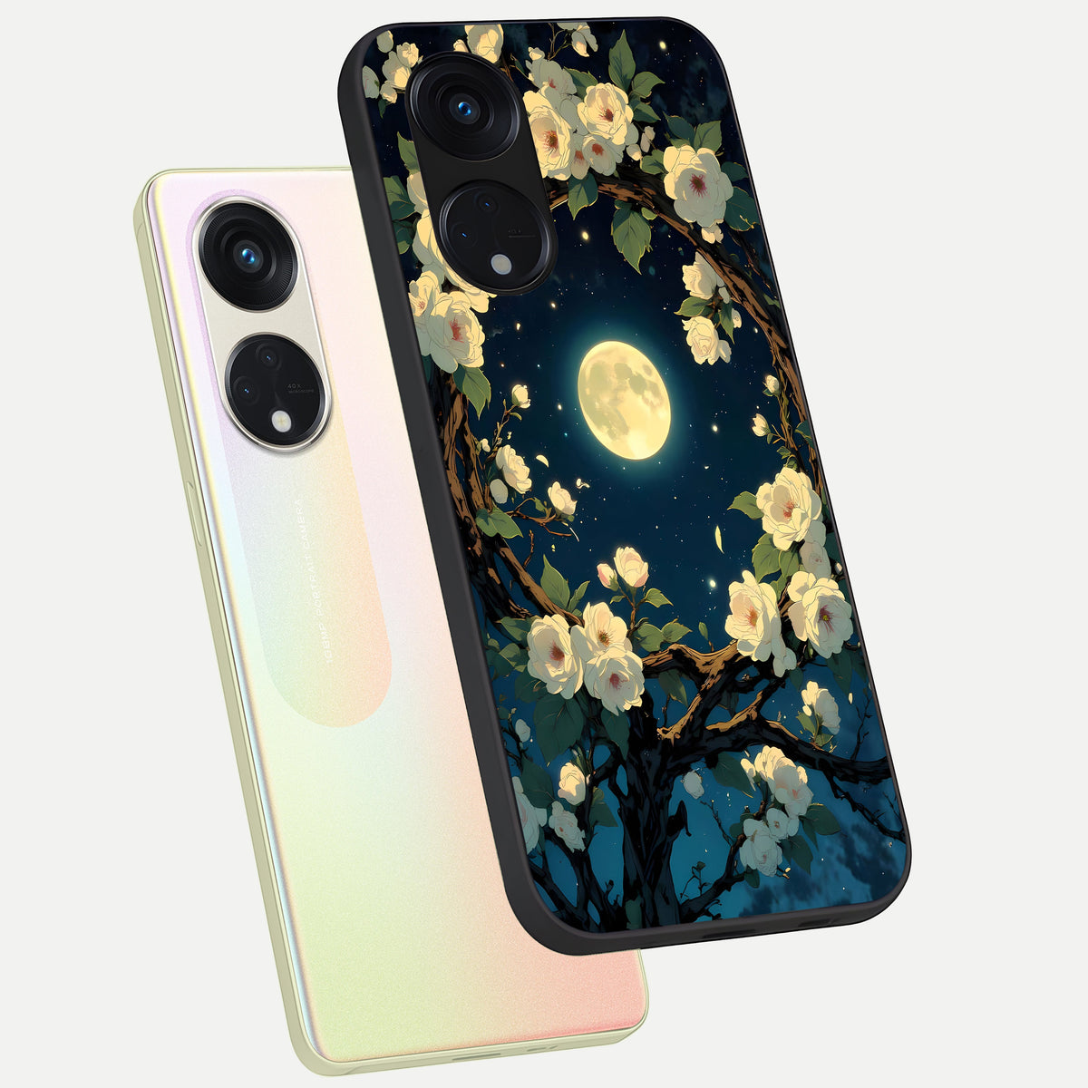  Celestial Moon And Flower phone case For Oppo Reno 8T 5G showing premium glass back cover with detailed artwork
