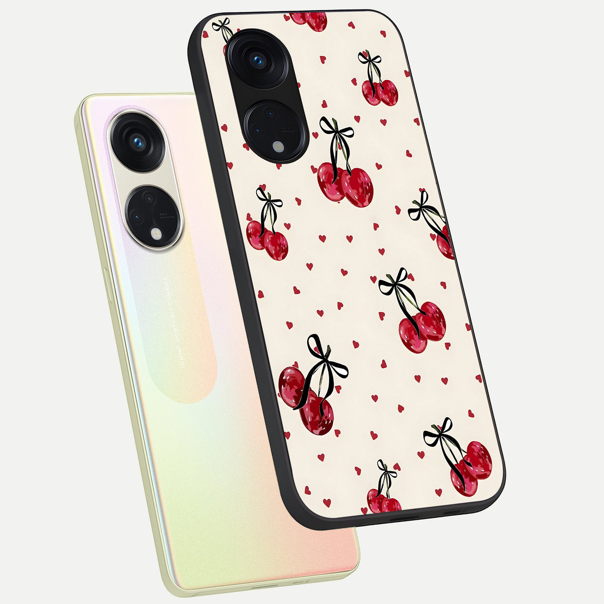  Cherry Heart Bow phone case For Oppo Reno 8T 5G showing premium glass back cover with detailed artwork