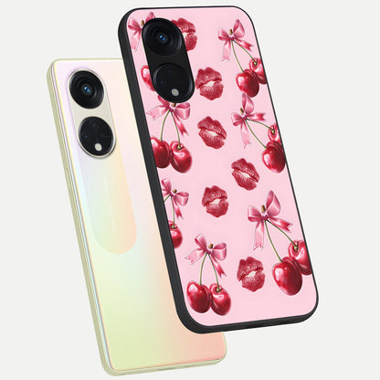  Cherry With Lips phone case For Oppo Reno 8T 5G showing premium glass back cover with detailed artwork