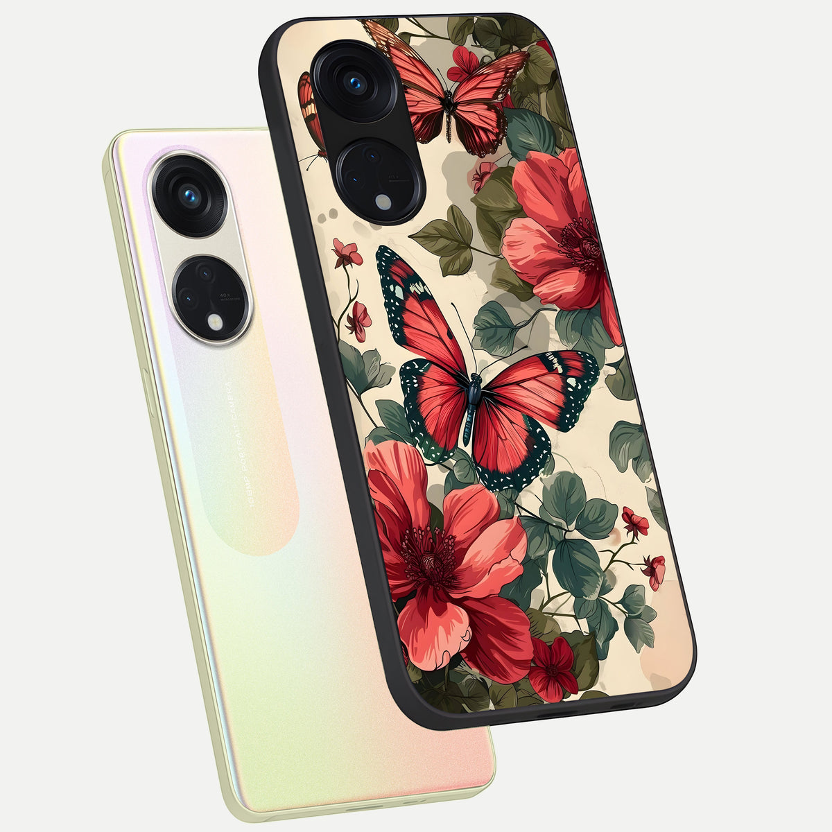  Crimson Butterfly Garden phone case For Oppo Reno 8T 5G showing premium glass back cover with detailed artwork