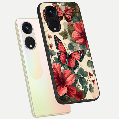  Crimson Butterfly Garden phone case For Oppo Reno 8T 5G showing premium glass back cover with detailed artwork