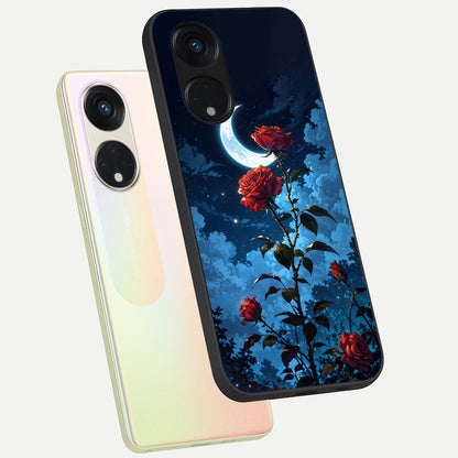  Crimson Rose Moon phone case For Oppo Reno 8T 5G showing premium glass back cover with detailed artwork